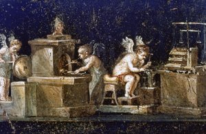 Ausgrabungen in Pompeji: Wandmalerei aus dem Haus der Vetti, die Cupidos als Goldschmiede zeigt, entdeckt während der Ausgrabungen. Pompeji wurde durch den Ausbruch des Vesuvs im Jahr 79 n. Chr. zerstört. von Roman Roman