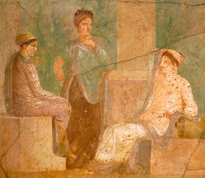 Fresko, das eine Gruppe römischer Damen im Gespräch zeigt, aus dem Haus der alten Jagd, in Pompeji, Kampanien, römische Zivilisation