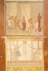 Fresko, das das Treffen von Priamos, Menelaos und Helena sowie Arisace, die Kassandra verfolgt, zeigt, aus dem Haus des Menander, Pompeji, Kampanien, römische Zivilisation