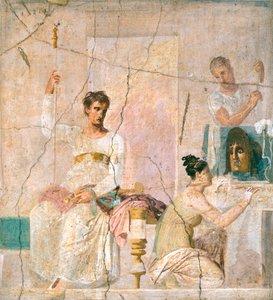 Fresko, das eine Theaterszene darstellt, aus der Basilika von Herculaneum (UNESCO-Welterbe)