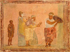 Fresko, das reisende Musiker darstellt, aus Pompeji, Kampanien, Römische Zivilisation