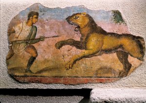 Gladiator kämpft gegen einen Löwen von Roman Roman