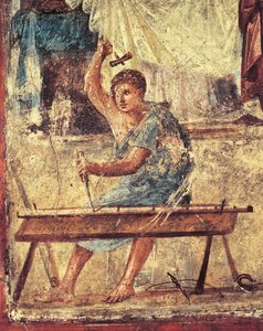 Italien, Region Kampanien, Provinz Neapel, Pompeji, Haus der Vettii, Fresko, das einen Zimmermann darstellt von Roman Roman