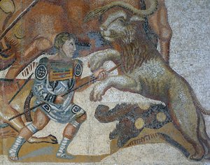 Mosaik mit einer Szene einer wilden Jagd, (Detail) eines Gladiators, der ein wildes Tier tötet
