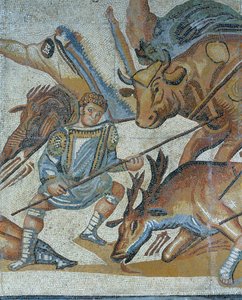 Mosaik mit einer Szene einer wilden Jagd, (Detail) eines Gladiators, der ein Tier tötet