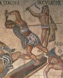 Mosaik mit einer Szene kämpfender Gladiatoren, (Detail) eines Gladiators in Rüstung