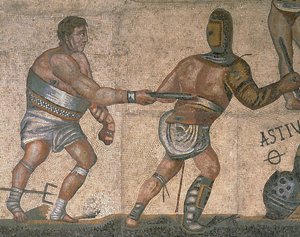 Mosaik mit einer Szene kämpfender Gladiatoren, (Detail) eines Gladiators in Rüstung