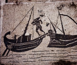 Ostia, Mosaik des Platzes der Korporationen. Beladung eines Bootes.