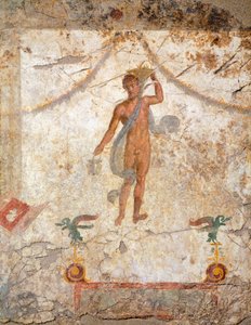 Malerei des vierten pompejanischen Stils, die einen Genius mit Korb und Situla darstellt