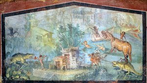 Malerei auf Putz, die eine nilotische Szene mit Pygmäen zeigt, die Krokodile und Nilpferde angreifen, 75x127 cm, aus Pompeji (UNESCO-Welterbeliste)