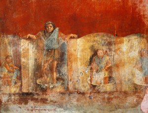 Säulenfresko, das die Wollherstellung darstellt, aus Pompeji, Fullonica von Veranio Ipseo