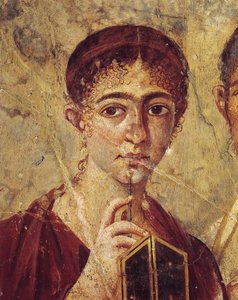 Porträt des Bäckers Terentius Neo und seiner Frau in formeller Kleidung, Detail der Frau mit ihrem Stylus und Diptychon, offen aus Italien, Kampanien, Pompeji, 55-79 n. Chr., Malerei auf Putz von Roman Roman