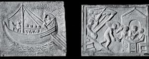 Relief, das ein Handelsschiff darstellt (Museo Nazionale, Rom) und Relief, das das Entladen eines Schiffes darstellt (Museo Torlonia, Rom) 3. oder 4. Jahrhundert von Roman Roman