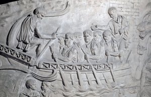 Römische Soldaten auf einer Galeere auf der Donau während des Ersten Dakerkrieges