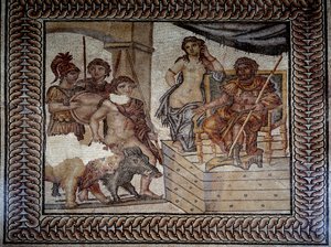Römische Kunst: Admete, König von Pheres in Thessalien, der einen Eber und einen Löwen gezähmt hat, bittet Pelias, König von Iolcos, um die Hand seiner Tochter Alkeste. Mosaik der Hochzeit von Admete. Nîmes, Museum der Schönen Künste von Roman Roman