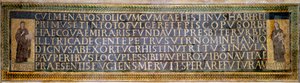 Römische Kunst: Mosaik mit der Widmung an die heilige Sabine, christliche Märtyrerin des 2. Jahrhunderts. Es trägt die Namen von Peter von Illyrien, Gründer der Basilika, und Papst Celestin I. 5. Jahrhundert Basilika St. Sabina