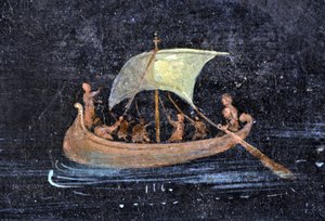 Römische Kunst: Flussszene - Boot und Matrosen auf einem Fluss - Fragment eines Pompeji-Freskos im Archäologischen Museum von Neapel, Italien