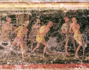 Römische Kunst: Sklaven - Detail des Freskos des Frieses von Raum C, Villa Farnesina
