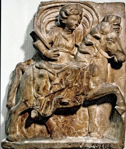Römische Kunst: Die Göttin Epona, Gottheit gallischen Ursprungs, Schutzpatronin der Reiter und Reisenden. Kalksteinstatue gefunden in Gannat (Allier), Auvergne. Saint Germain en Laye. Museum für Nationalantiquitäten von Roman Roman