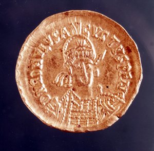 Romulus Augustulus, in Latein Flavius Romulus Augustus (oder Romulus Augustulus), um 460 - 511, der letzte römische Kaiser des Westens. Porträt auf einer Münze, 5. Jahrhundert