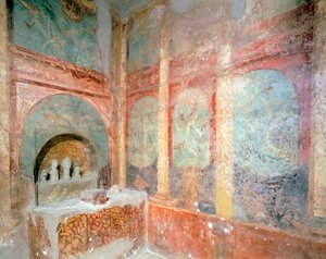 Raum für den häuslichen Kult der Laren, Haus des Menander, Pompeji, Kampanien, römische Zivilisation von Roman Roman