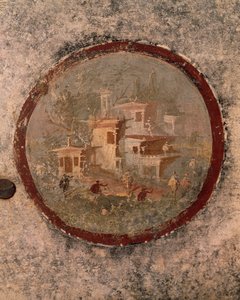 Rund mit Häusern und Gebäuden, Detail eines Freskos aus dem Haus des Jahrhunderts, Pompeji, Kampanien, Römische Zivilisation von Roman Roman