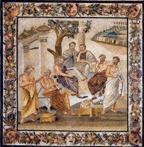 Die Akademie von Platon: der Philosoph, der in der Mitte sitzt, lehrt eine Gruppe von Schülern der Akademie von Athen (von ihm 378 v. Chr. gegründet) - Mosaik gefunden in Boscotrecase, jetzt ausgestellt im Nationalmuseum, Neapel. - Platons Akademie: der Ph von Roman Roman