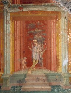 Theaterszene, Fresko (IV. Stil) auf rotem Hintergrund aus dem Haus des Pinarius Cerialis, Pompeji (Unesco-Weltkulturerbe)