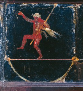 Drittes Stil-Fresko, das den Seiltänzer Seleni darstellt, Detail von Silenus, der einen Thyrsus hält, aus der sogenannten Villa des Cicero in Pompeji von Roman Roman