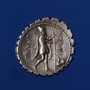 Odysseus wird von seinem Hund Argo erkannt. Römische Silbermünze, 83 v. Chr.
