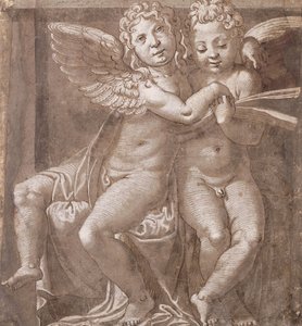 Zwei sitzende Engel singen, nach Polidoro da Caravaggio