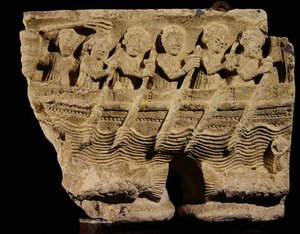 Kapitel auf Zwillingss?ulen, die Ruderer in einem Boot darstellen von Romanesque
