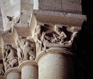 Delilah schneidet Samson die Haare (Kapitell des Querschiffs) von Romanesque