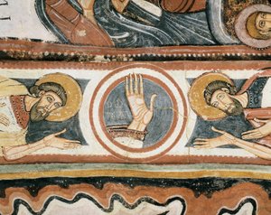 Romanische Kunst: Die rechte Hand Gottes und die Patriarchen Elija und Henoch (Detail). Fresko der Schule von Leon (Spanien). 1132. Heiligtum der Jungfrau von der Jungfrau del Camin