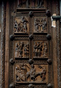 Romanische Kunst: Holztür aus der Mitte des 12. Jahrhunderts der Kirche St. Maria im Kapitol in Köln, Deutschland (Sankt Maria im Kapitol, Köln). Szenen, die die Verkündigung an die Hirten, die Geburt, die Anbetung der Weisen und die Flucht nach Ägypten da von Romanesque
