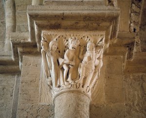 Der Teufel zeigt einer Frau den heiligen Benedikt, um ihn zu verführen, Kapitell des Narthex (Skulptur)