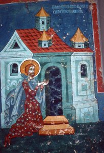 St. Niketas betet vor einer Kirche von Romanian School