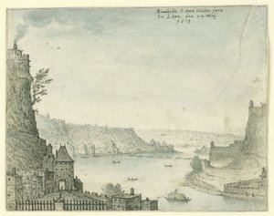Ansicht einer Stadt an einem Fluss von Rombout van den Houte