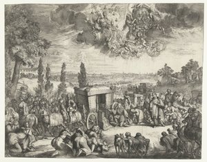 Karl II. von Spanien kniend bei einer Kutsche von Romeyn de Hooghe