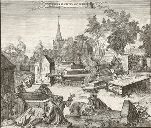Trauer auf dem portugiesisch-jüdischen Friedhof Beth Haim von Ouderkerk an der Amstel in den Niederlanden - Gravur von Romeyn de Hooghe (1645-1708)