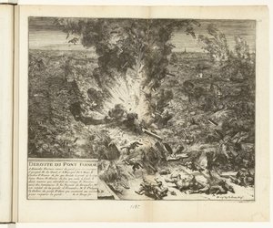 Sprengung der Schiffsbrücke von Parma über die Schelde, 1585 (Deroute du Pont Farnese) (Guerres de Flandres) von Romeyn de Hooghe