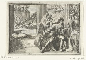 Titelblatt für das Pamphlet: De Hobbel in de Wacht, op de Haasejagt, 1702 (Serie: Esopus in Europa) von Romeyn de Hooghe