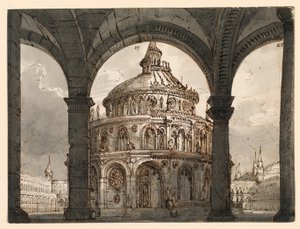 Bühnenbild, Atrium mit dem Tempel der Hospitaliter für die Oper "La Straniera" von Vincenzo Bellini