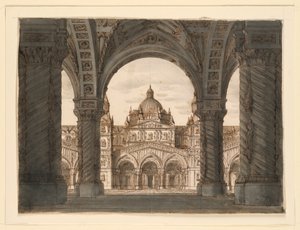 Bühnenbild, Kirchenfassade von einer Loggia, I due Valdomiri von Felice Romani, Musik von Pietro de Winter. Aufgeführt in La Scala, Mailand, 1818