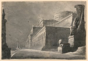 Bühnenbild, Außenansicht eines riesigen Palastes von Romolo Achille Liverani