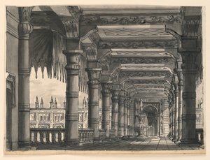 Bühnenbild, Loggia mit Brunnen in einem orientalischen Palast von Romolo Achille Liverani