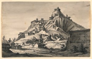 Bühnenbild, Berg mit Stadt an den Hängen