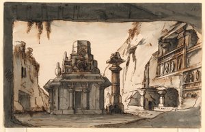 Bühnenbild, orientalische Gebäude zwischen Höhlen und Felsen von Romolo Achille Liverani