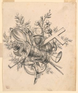 Trophäe mit Symbolen der Tugenden