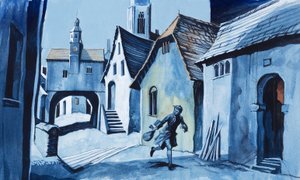 Junge rennt durch eine Stadt
